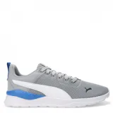 Zapatillas de entrenamiento en color gris, con detalles en blanco y azul, diseño ligero y transpirable.