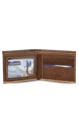 Billetera de cuero lisa color negro con ribete marrón claro. Cuenta con compartimento para billetes, visor transparente y espacio para cinco tarjetas.