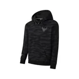 Canguro negro con capucha, estampado camuflado en tonos grises y logo de los Chicago Bulls bordado en el pecho.