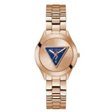 Reloj Guess GW0675L3 para mujer, con caja redonda de acero inoxidable color oro rosa de 34mm y correa de eslabones a juego. Esfera color oro rosa con el logo triangular de Guess en azul.