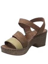 Sandalias de cuero con plataforma y taco de 6 cm. Tiras de cuero color marrón, naranja y amarillo.