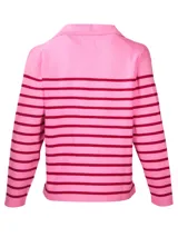 Sweater de punto color crema con rayas horizontales negras, cuello polo con escote en V y mangas largas.