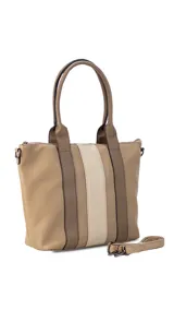 Cartera de mano color beige con divisiones y detalles en marrón y blanco. Tiene correa corta, correa larga ajustable, bolsillo trasero y bolsillos internos.