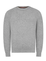 Sweater gris de punto con cuello redondo y mangas largas.