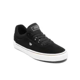 Zapatillas de skate de caña baja, color negro con detalles en azul.