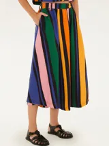 Falda midi de algodón con rayas verticales multicolores.