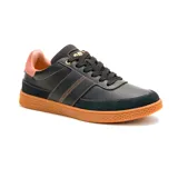 Zapatillas Caterpillar Pause Retro para mujer, color negro con detalles en naranja y suela marrón.