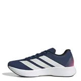 Championes Adidas Duramo RC2, color azul marino con tres franjas blancas en el lateral. Presentan una entresuela blanca gruesa y detalles en rosa en el cuello y lengüeta.