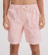 Bermuda de poliéster color rosa con estampado de hojas, cintura elástica con cordón de ajuste y bolsillos laterales.