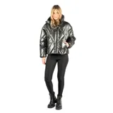 Campera puffer plateada con cuello alto, cierre frontal negro, bolsillos laterales y elástico interno para mejor ajuste.