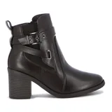 Botas de cuero sintético negro con caña baja, taco medio y hebillas decorativas.