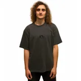 Remera gris oscuro de manga corta con cuello redondo y logo bordado en el pecho.