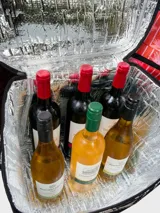 Bolso térmico (cooler bag) de gran tamaño, color marrón rojizo, con estampado mixto de leopardo y cebra. Posee manija superior y correa ajustable para hombro, ambas de cinta blanca con estampado negro de monograma.