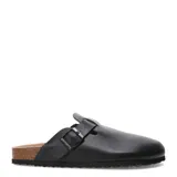 Zueco cerrado color negro con hebilla lateral ajustable y plantilla de corcho.