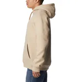 Canguro Columbia de frisa color beige, con capucha ajustable con cordón, bolsillo tipo canguro y logo estampado en el pecho.