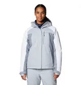 Campera de esquí Columbia Snowy Summit, color gris y blanco, impermeable y transpirable con costuras selladas. Cuenta con capucha ajustable compatible con casco, faldón antinieve, múltiples bolsillos con cierre y puños ajustables con orificios para los pulgares.