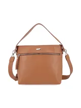 Cartera de cuero graneado con doble correa, cierre metálico y forro textil, ideal para uso diario.