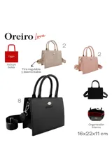 Cartera mini rectangular color rosa pálido con doble asa de mano y correa de hombro ajustable con logo de la marca.