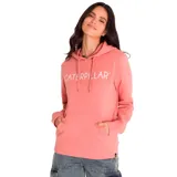 Buzo con capucha color salmón, con logo de Caterpillar estampado en blanco en el pecho y bolsillo tipo canguro.