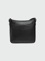 Cartera crossbody de cuero negro con cierre y diseño elegante, ideal para uso diario.