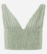 Blusa cropped de tricolina rayada en hilo teñido, con escote en pico, breteles medianos y lastex en la espalda.