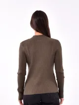 Polera de punto acanalado color naranja, de cuello alto y mangas largas.