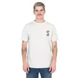 Remera beige de manga corta con cuello redondo y estampado pequeño de hongo en el pecho.