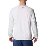Remera blanca de manga larga para hombre, con tecnología Omni-Shade™ Broad Spectrum UPF 50 y Omni-Wick™ de secado rápido. Logo de Columbia PFG en el pecho y estampado vertical con las siglas PFG en la manga derecha.