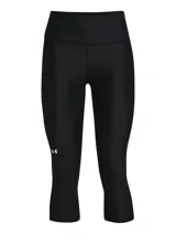 Calza capri Under Armour HeatGear color gris, de tiro alto y calce ajustado. Cuenta con bolsillo lateral y logo estampado en la pierna.