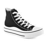 Zapatillas deportivas de caña alta color negro con detalles en blanco, cordones blancos y suela gruesa con plataforma.