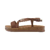 Sandalias marrones de cuero sintético con plataforma de corcho, tiras cruzadas y hebilla ajustable.