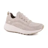 Zapatillas deportivas Skechers BOBS Sport Sparrow 2.0 Wind Chime, color beige, de tejido knit jaspeado Stretch Fit, sin cordones, con plantilla Skechers Memory Foam y suela flexible de goma.