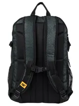 Mochila negra con estampado geométrico, marca Caterpillar, modelo Barry. Cuenta con compartimento acolchado para laptop de 15 pulgadas, panel organizador en bolsillo frontal, espalda acolchada, correa para ajustar a la cintura, straps ajustables y compartimiento principal amplio con correas de compresión.