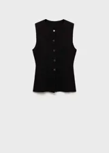 Chaleco negro de punto fino con cuello redondo, sin mangas, diseño entallado y cierre frontal con botones.