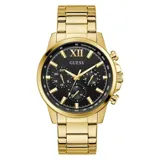 Reloj Guess dorado con caja de acero inoxidable de 44mm, esfera negra con detalles dorados y correa de eslabones de acero inoxidable dorado.