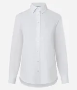 Camisa blanca de tricolina con cuello solapa, abotonado delantero y puños largos.