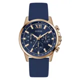 Reloj Guess con caja dorada, esfera azul con detalles dorados y correa de silicona azul.