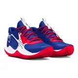 Championes de básquet Under Armour Jet 23, color azul con detalles en blanco y rojo. Presentan el logo de Under Armour en el lateral y cordones rojos.