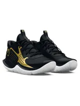 Championes de básquet Under Armour UA Jet 23 para hombre, color negro con detalles dorados y logo de la marca en el lateral. Suela blanca con tecnología Micro G® para amortiguación y capellada resistente para uso dentro y fuera de la cancha.