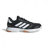 Championes Adidas Ligra 8 para mujer, color negro con detalles en blanco y suela blanca con detalles en marrón.