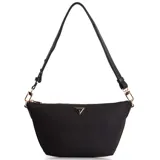 Bandolera Guess color negro, con logo triangular dorado en el frente, correa ajustable con detalles dorados y cierre superior con cremallera.