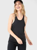 Musculosa deportiva negra de corte clásico con espalda racerback y logo pequeño en el ruedo.