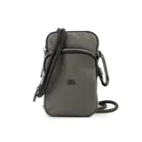 Bandolera mini gris de símil cuero con correa regulable, acceso con cierre, un compartimento y un bolsillo externo con cierre.
