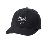 Gorra negra de algodón con visera curva y logo de flor bordado en blanco.