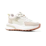 Championes urbanos Korium Mina color beige con detalles dorados, confeccionados en malla y cuero sintético, con plataforma blanca y suela marrón.