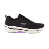Championes deportivos Skechers Go Walk Arch Fit Uptown Summer, color negro con detalles en blanco y violeta. Capellada de malla transpirable, cordones, plantilla Arch Fit removible con soporte de arco certificado, entresuela Ultra Go liviana y suela de tracción flexible.