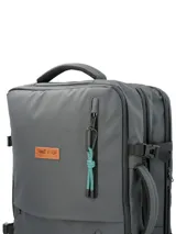 Mochila RKF unisex de poliéster reciclado repelente al agua, color gris. Cuenta con tres compartimentos independientes con cierre, compartimento para laptop de 15 pulgadas, triple bolsillo frontal con cierre, mango lateral, correas ajustables, almohadillas en la espalda, pasador para maleta y broches laterales.