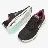 Championes deportivos Skechers Skech-Air Meta, color negro con detalles en fucsia y suela blanca. Capellada de malla transpirable, plantilla Air-Cooled Memory Foam y entresuela con cámara de aire Skech-Air visible.