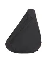 Cartera cruzada de nailon color negro con diseño triangular y acabado texturizado. Presenta un compartimento principal con cierre de cremallera, un bolsillo exterior frontal con cierre y el logo metálico de Tommy Hilfiger en la parte delantera.