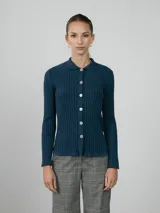 Camisa azul de tejido de punto acanalado, con cuello polo, mangas largas y cierre frontal con botones.